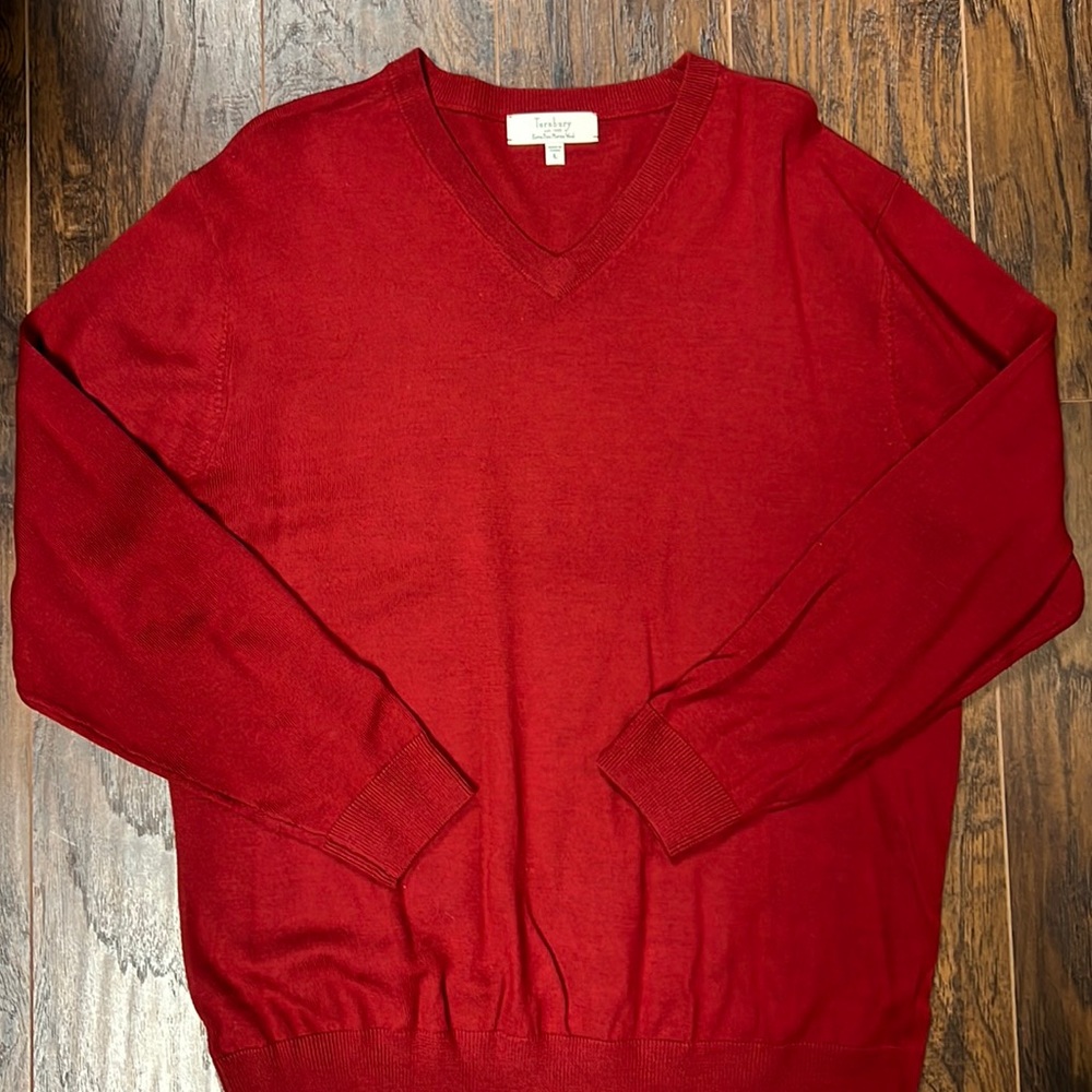 Turnbury est. 1980, 100% Extra Fine Merino Wool, Large, Red, V Neck, Long Sleeve